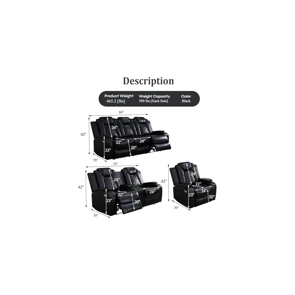 Leather Recliner Sofa Set with LED Lights,Power Reclining Sofa with USB Port/Storage Console/Cup Holder for Living Room/House/Home Theater(3 Piece Set,Black)