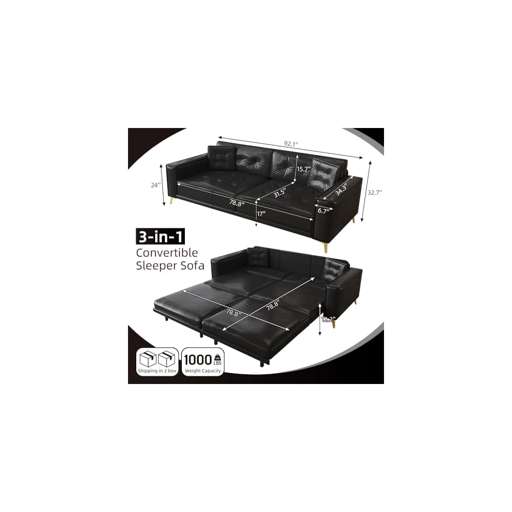 92" King Pull Out Sofa Bed, PU Leather Convertible Sleeper Couch with Tufted Design, Oversized 4-Seater Modern Mid Century Sectional Couch for Living Room, Small Spaces, Black