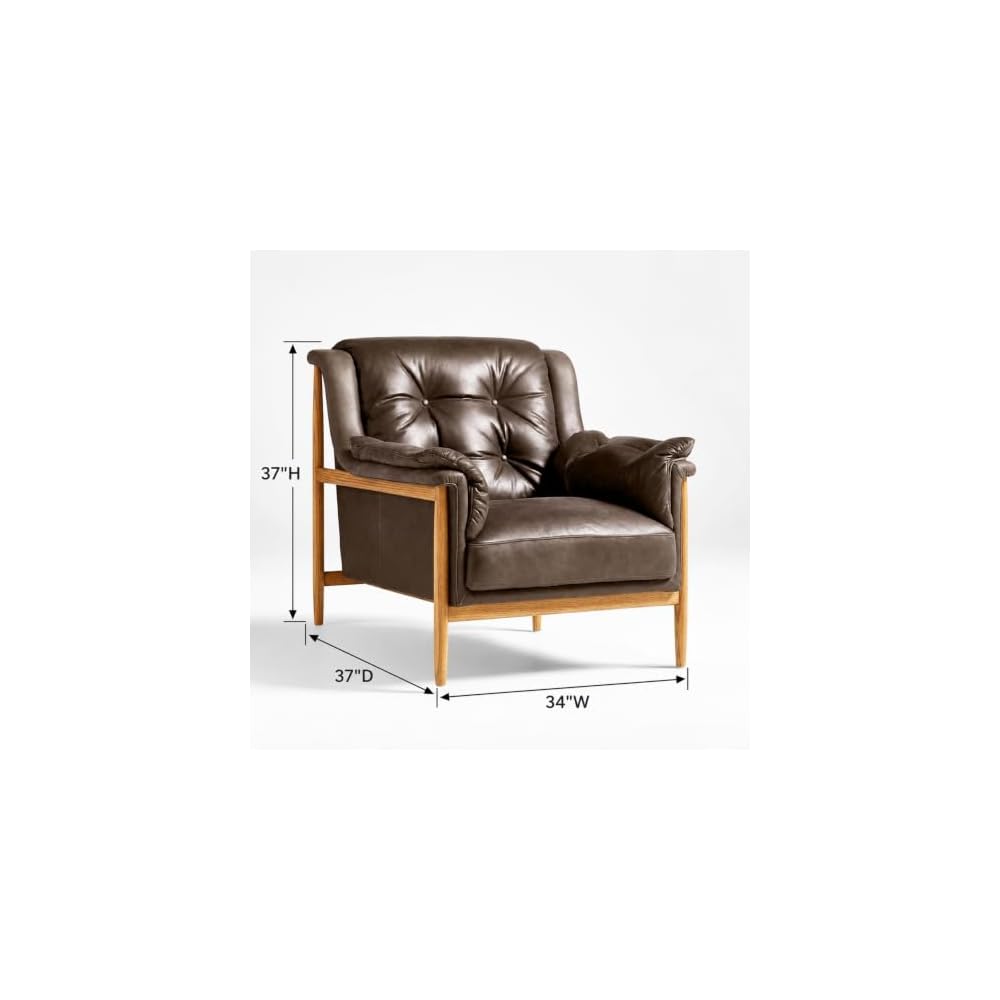 Brown Leather Accent Chair, Cushioned Wood Frame Lounge Chair