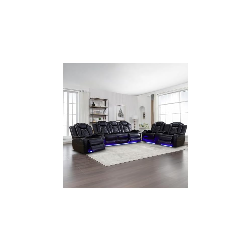 Leather Recliner Sofa Set with LED Lights,Power Reclining Sofa with USB Port/Storage Console/Cup Holder for Living Room/House/Home Theater(3 Piece Set,Black)