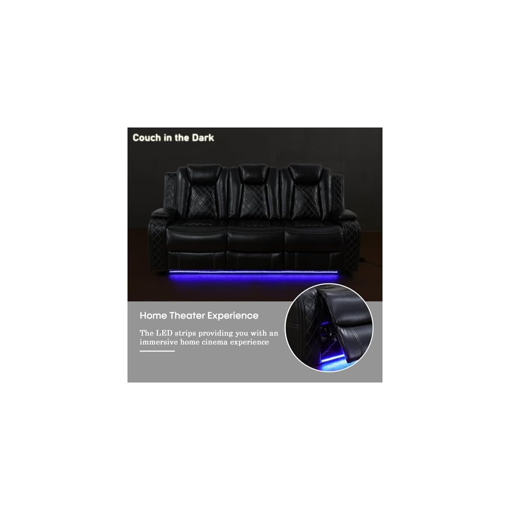 Leather Recliner Sofa Set with LED Lights,Power Reclining Sofa with USB Port/Storage Console/Cup Holder for Living Room/House/Home Theater(3 Piece Set,Black)