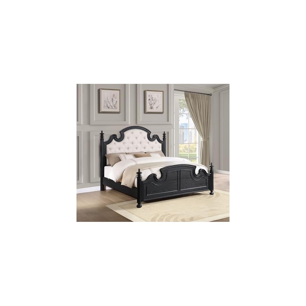 Coaster Home Furnishings Celina Traditional Fabric Upholstered Eastern King Size Four-Poster Bed Frame 70-inch Headboard Black 224761KE
