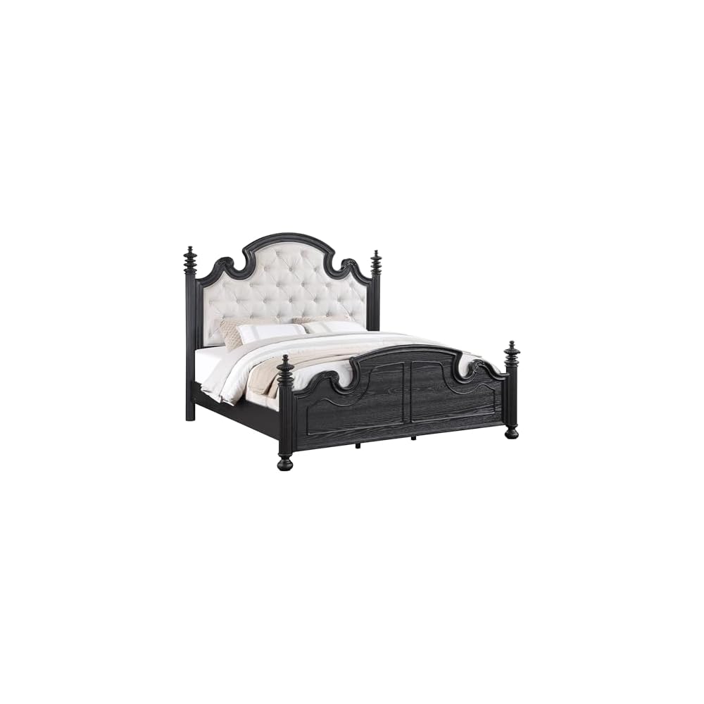 Coaster Home Furnishings Celina Traditional Fabric Upholstered Eastern King Size Four-Poster Bed Frame 70-inch Headboard Black 224761KE