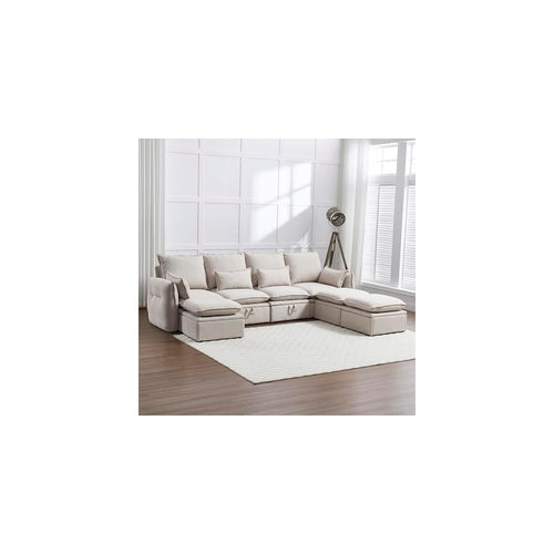 114'' Modular Sectional Sofa, Sectional Couches for Living Room, Cloud Couch with Storage, U Shaped Sleeper Sofa with Ottoman, Waterproof, Wide and Deep Seat, 7 Seats Beige