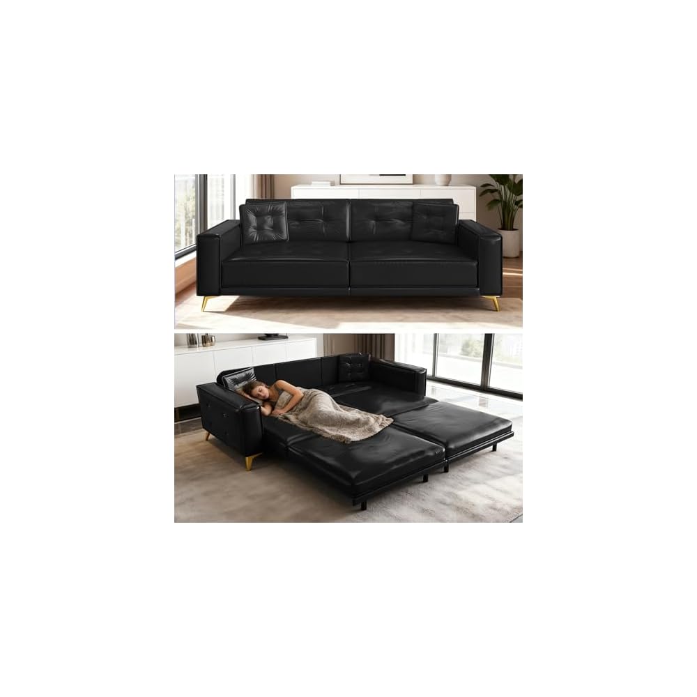 92" King Pull Out Sofa Bed, PU Leather Convertible Sleeper Couch with Tufted Design, Oversized 4-Seater Modern Mid Century Sectional Couch for Living Room, Small Spaces, Black