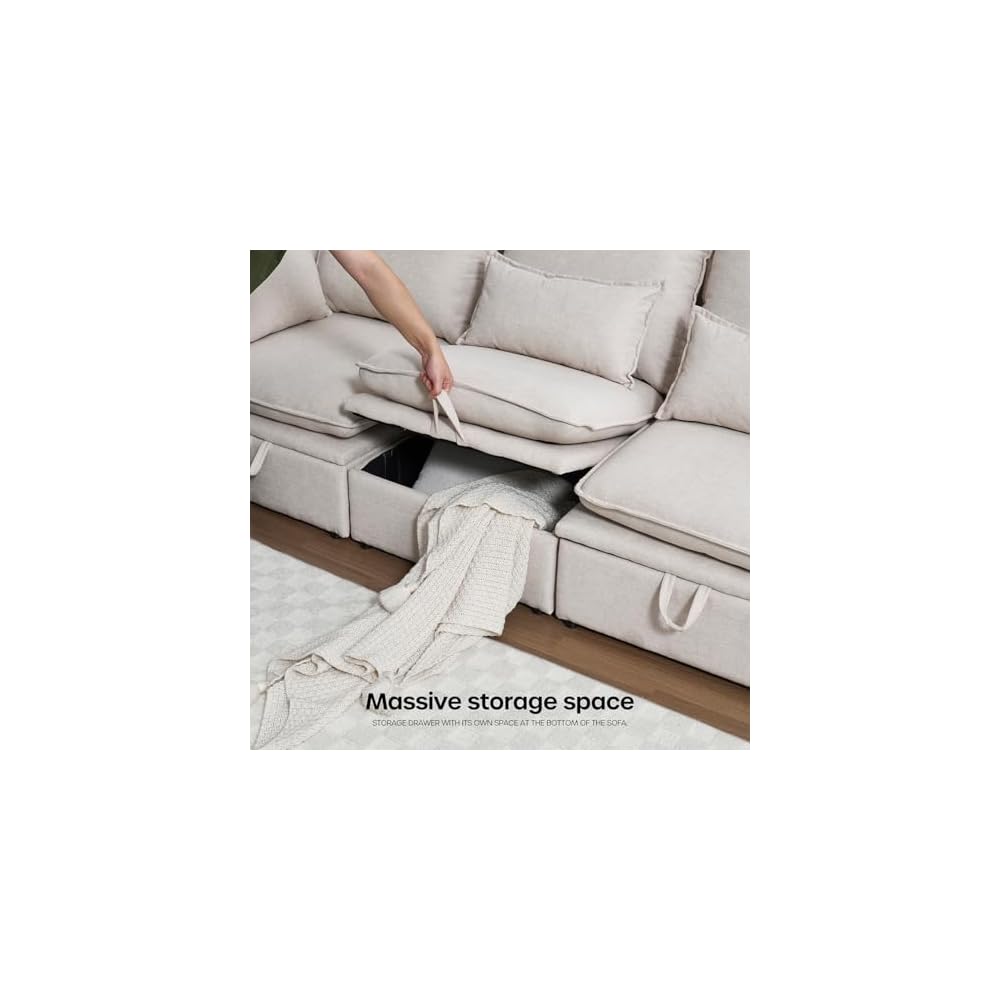 114'' Modular Sectional Sofa, Sectional Couches for Living Room, Cloud Couch with Storage, U Shaped Sleeper Sofa with Ottoman, Waterproof, Wide and Deep Seat, 7 Seats Beige