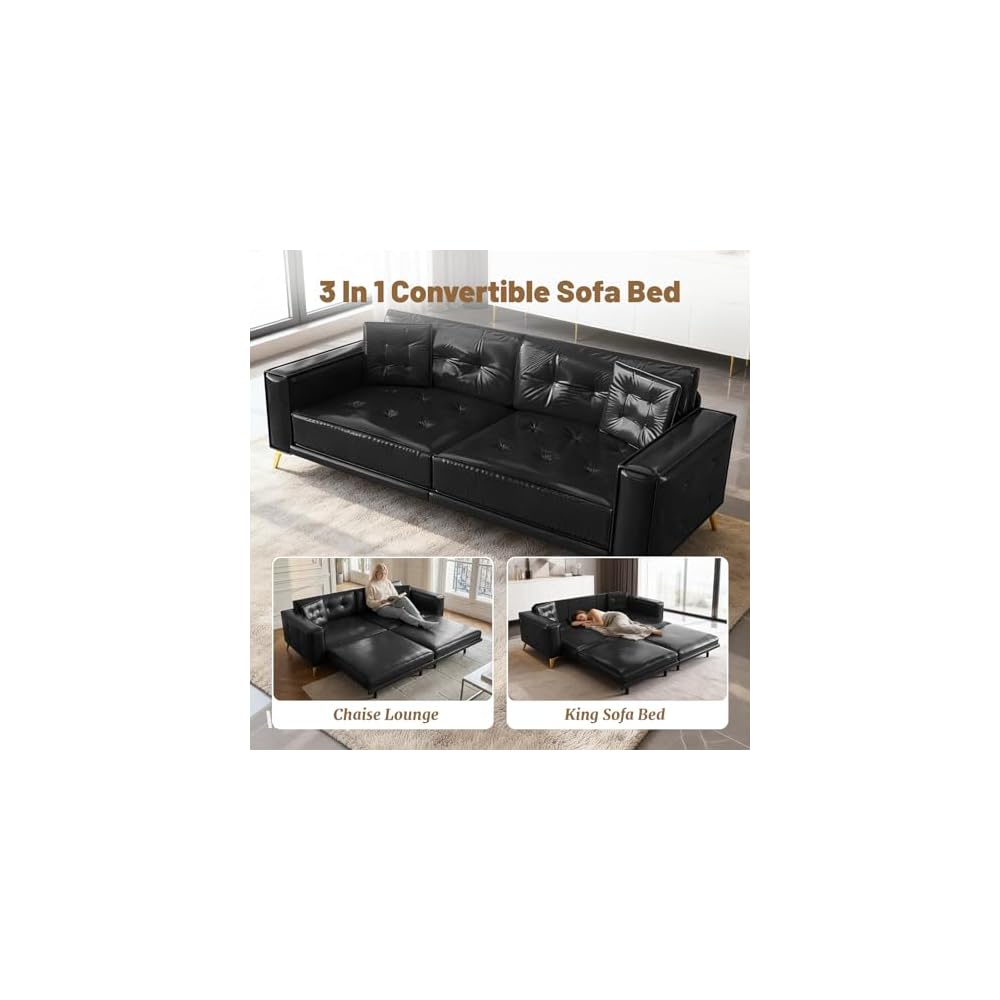 92" King Pull Out Sofa Bed, PU Leather Convertible Sleeper Couch with Tufted Design, Oversized 4-Seater Modern Mid Century Sectional Couch for Living Room, Small Spaces, Black