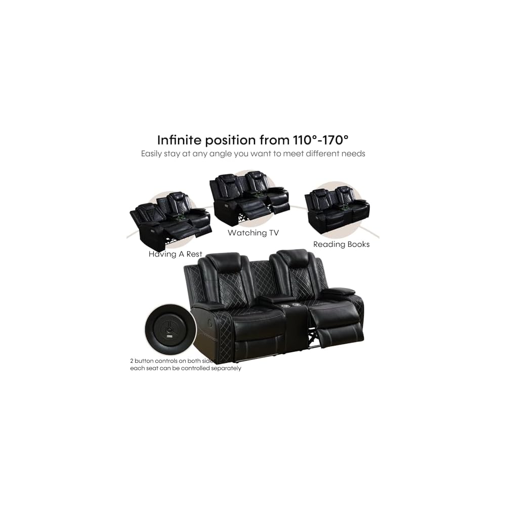 Leather Recliner Sofa Set with LED Lights,Power Reclining Sofa with USB Port/Storage Console/Cup Holder for Living Room/House/Home Theater(3 Piece Set,Black)