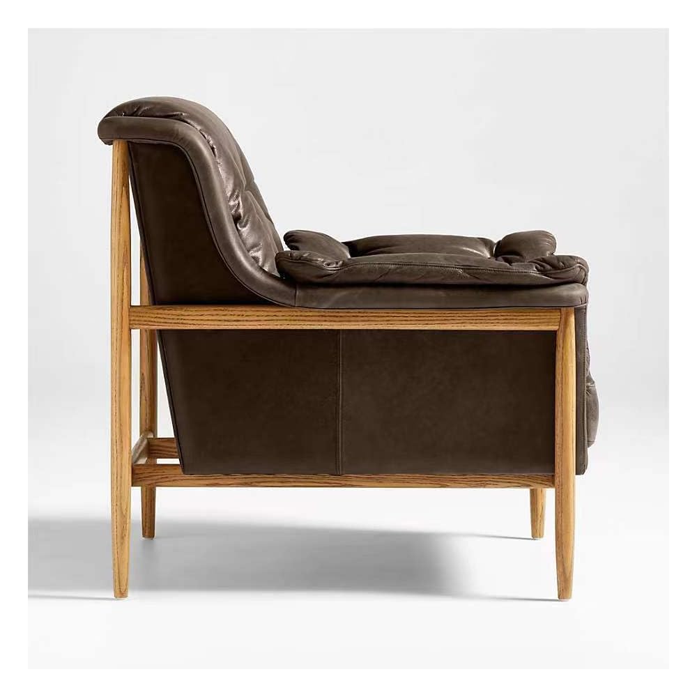 Brown Leather Accent Chair, Cushioned Wood Frame Lounge Chair