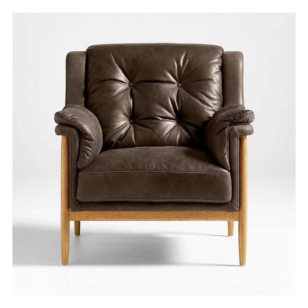 Brown Leather Accent Chair, Cushioned Wood Frame Lounge Chair