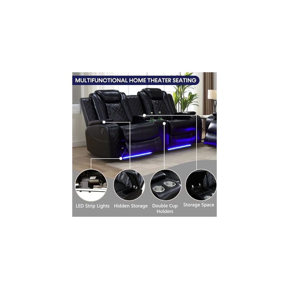 Leather Recliner Sofa Set with LED Lights,Power Reclining Sofa with USB Port/Storage Console/Cup Holder for Living Room/House/Home Theater(3 Piece Set,Black)