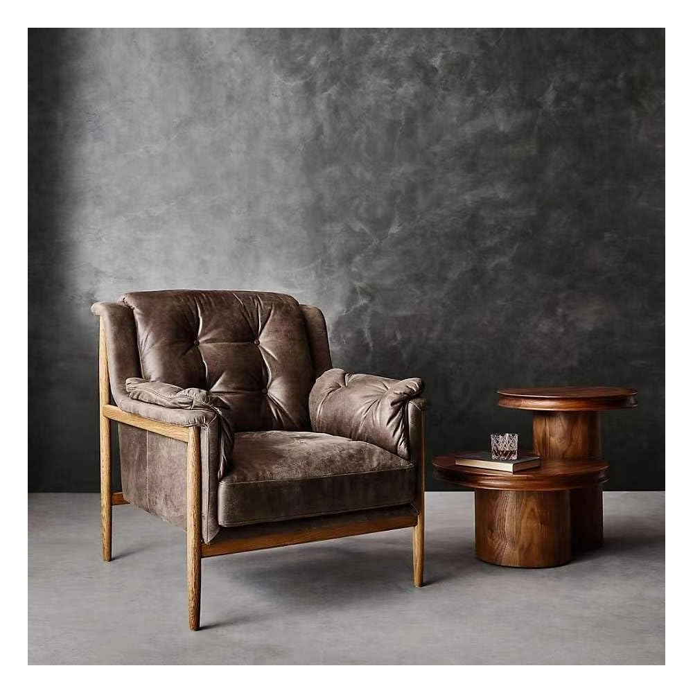 Brown Leather Accent Chair, Cushioned Wood Frame Lounge Chair