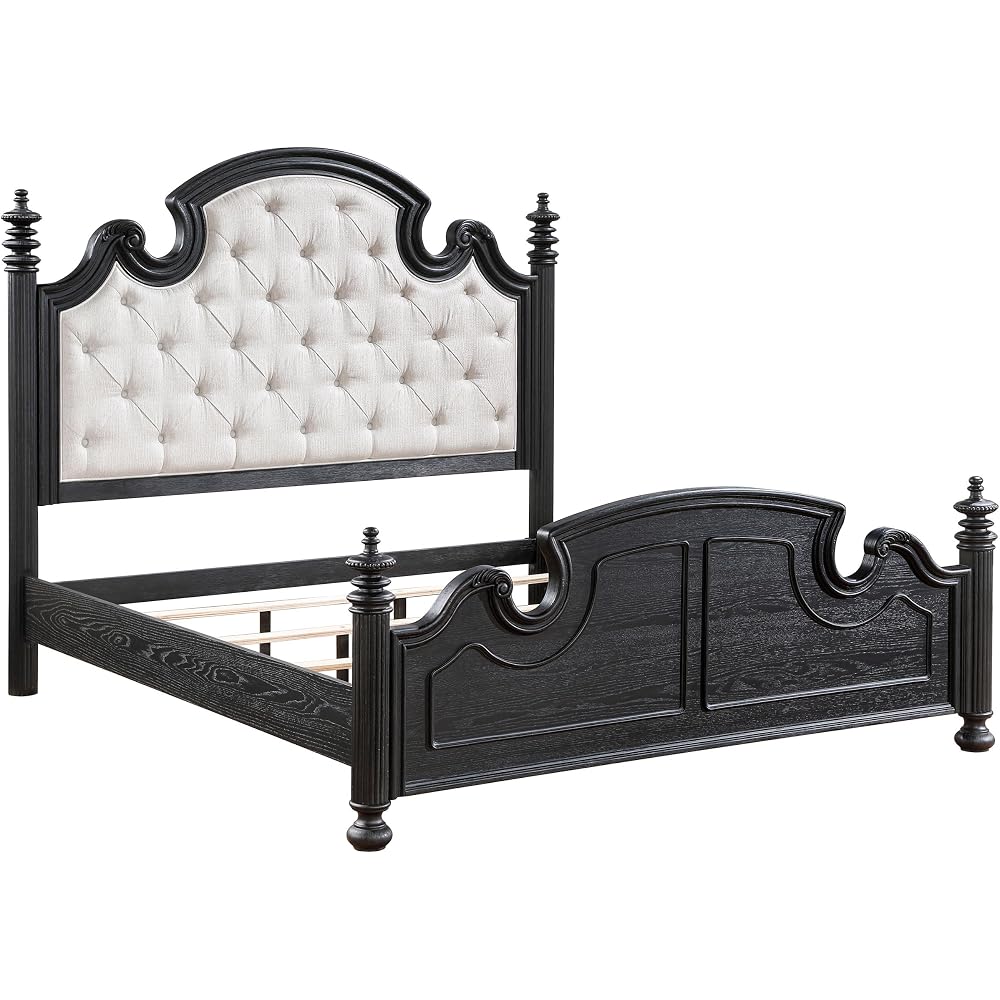 Coaster Home Furnishings Celina Traditional Fabric Upholstered Eastern King Size Four-Poster Bed Frame 70-inch Headboard Black 224761KE