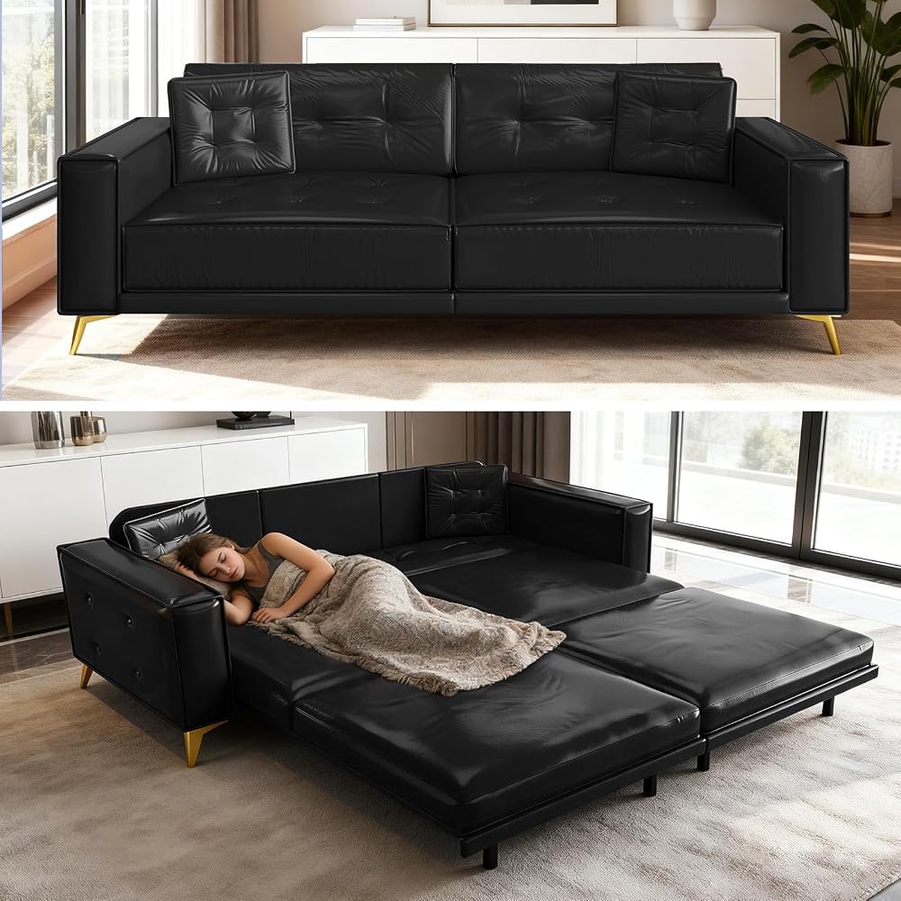 92" King Pull Out Sofa Bed, PU Leather Convertible Sleeper Couch with Tufted Design, Oversized 4-Seater Modern Mid Century Sectional Couch for Living Room, Small Spaces, Black