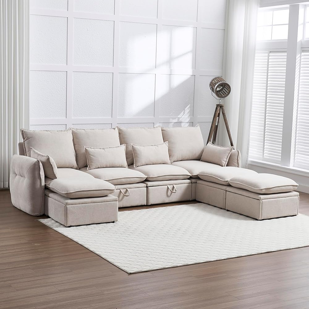 114'' Modular Sectional Sofa, Sectional Couches for Living Room, Cloud Couch with Storage, U Shaped Sleeper Sofa with Ottoman, Waterproof, Wide and Deep Seat, 7 Seats Beige